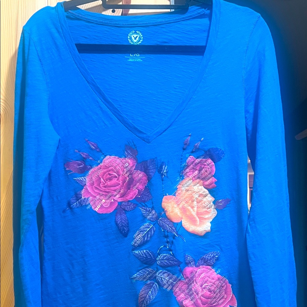 American Eagle Outfitters Blue Floral Long Sleeve Blouse size large